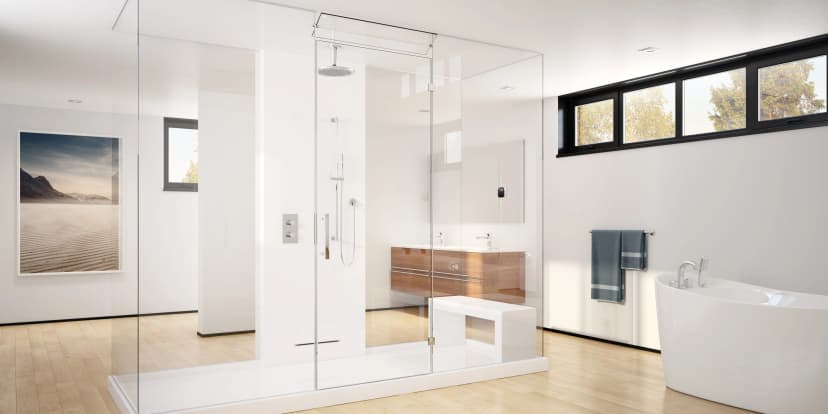 Luxury steam shower with digital controls and multiple shower heads